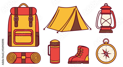 Camping Gear Icons Backpack Tent Lantern Boots Compass Thermos Sleeping Mat