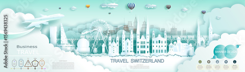 Advertising travel brochure Switzerland top world modern and infographic famous city architecture. Modern business brochure banner design for advertising with infographics.Tour Switzerland landmark.