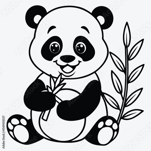 Cute cartoon panda sitting and eating bamboo illustration line art