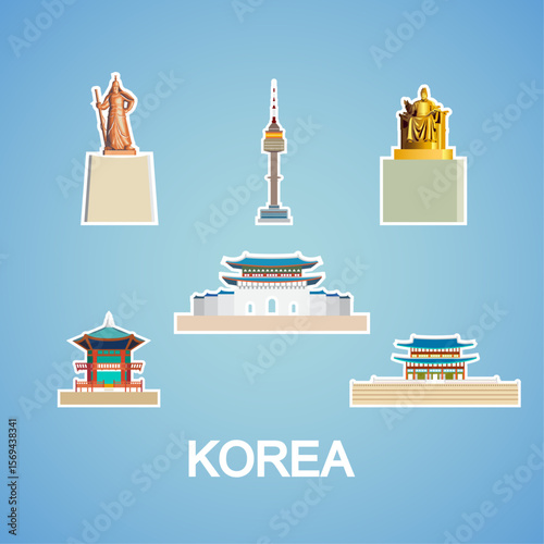  Sticker set landmarks south Korea Gyeongbok palace, Gyeongbokgung palace, Seoul tower, King Taejong and yi Sun-sin. Tour landmarks south Korea with sticker symbol and icon.