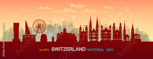 Travel landmarks Switzerland with silhouette architecture background, Switzerland Day anniversary celebration and tour Swiss landmark to Zurich with panorama view popular capital.