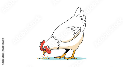 A white hen foraging for food on the ground in a drawing style