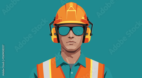 Vector Illustration of Construction Worker with Safety Gear, Portrait View