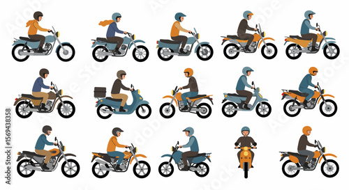 Various Motorcyclists on Different Motorcycles in Profile View
