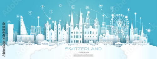 Technology wireless network communication smart city with icon in Switzerland at europe downtown skyscraper on blue background, Vector illustration futuristic green city and Switzerland view.