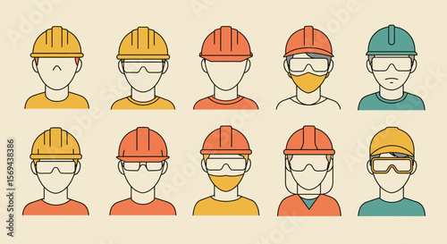 Vector Illustration of Construction Workers with Safety Gear in Various Colors
