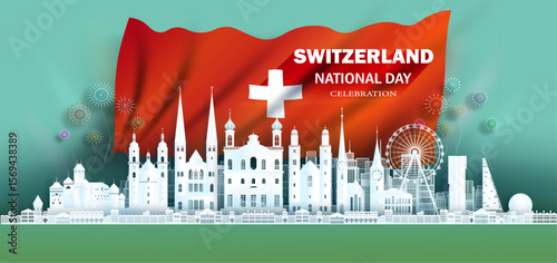 Anniversary celebration independence Switzerland day and travel landmarks zurich city with Switzerland flag background, Tour europe landmark with panorama view popular capital in origami paper.