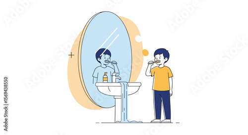 Young boy brushing teeth in front of bathroom mirror with toothbrush