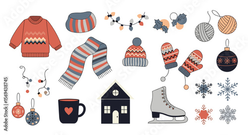 Cozy winter holiday season collection of festive apparel and decorations for christmas celebrations