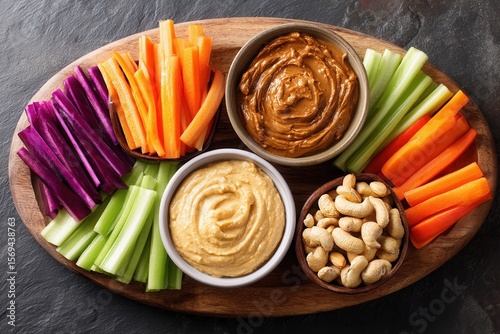 Colorful vegetable platter with hummus, peanut butter, cashews, and fresh veggies.