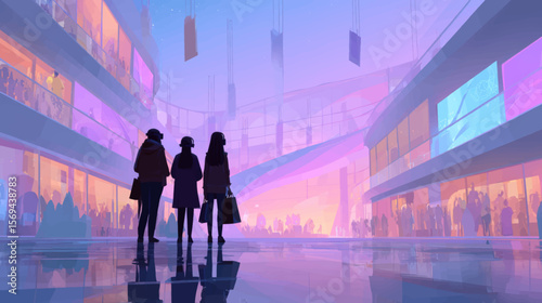 Futuristic Vector Illustration of Family Wearing VR in a Modern Shopping Mall Environment for Digital Concepts