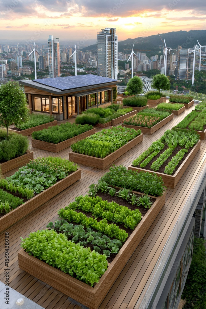 Fototapeta premium Rooftop garden providing fresh produce and promoting sustainable living in urban areas