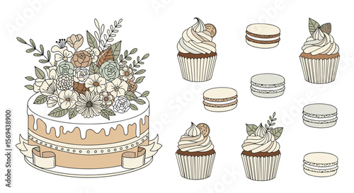 Beautifully decorated wedding cake and assorted cupcakes with macarons for elegant celebrations