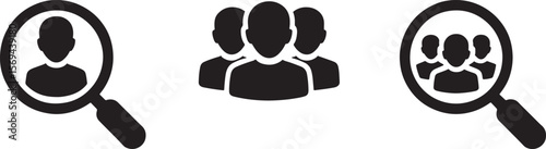 Magnifying glass over people icons and group silhouette isolated on white background