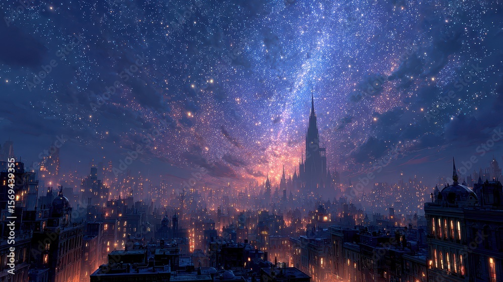 Fototapeta premium Majestic night sky over a fantasy city digital art cosmic view