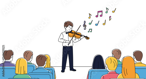 Violin performance captivates audience with beautiful music and notes floating upwards