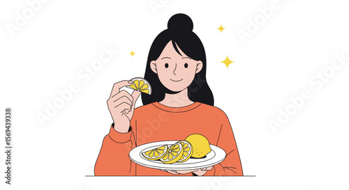Young woman enjoys delicious homemade food with fresh fruit on a plate