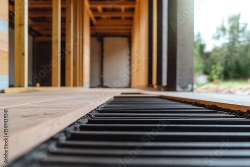 Close-up of underfloor heating installation in wooden framed house construction.