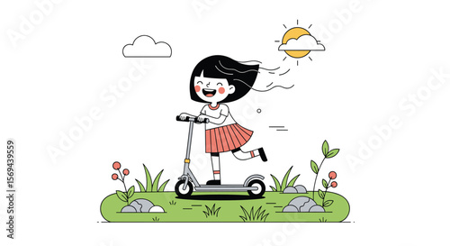 A young girl rides her scooter through a sunny grassy field enjoying the outdoors