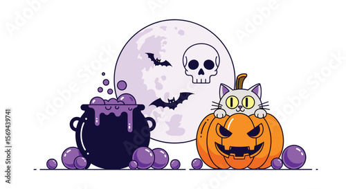 Spooky cat in pumpkin cauldron moon bats halloween night spells brew bubbles scary glow cute party celebration adorable