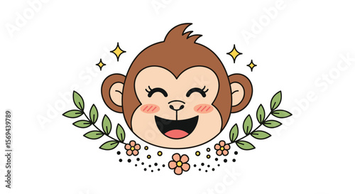 Happy monkey face surrounded by sparkles and flowers with green leaves accents