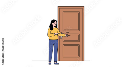 Young woman reaching for a tall wooden door handle opening it wide