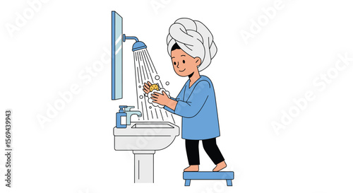 Little person washing face with soap and water at the sink