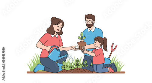 Family planting new seedlings in the garden together on a sunny day fostering growth and connection