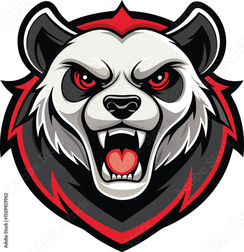 Fierce panda mascot head with red eyes and open mouth roaring