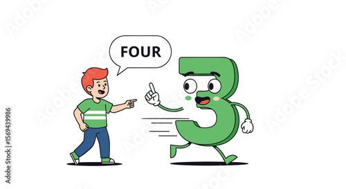 A little boy points at a running number three saying four for fun