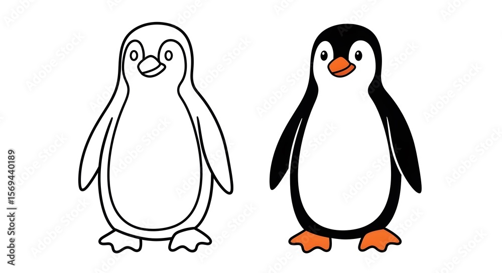 Naklejka premium Penguin Duo – Realistic and Cartoon Side-by-Side