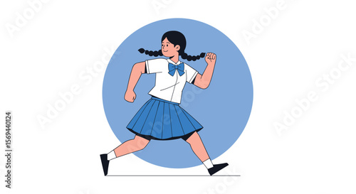 Energetic young girl with pigtails running forward with determination on a blue background