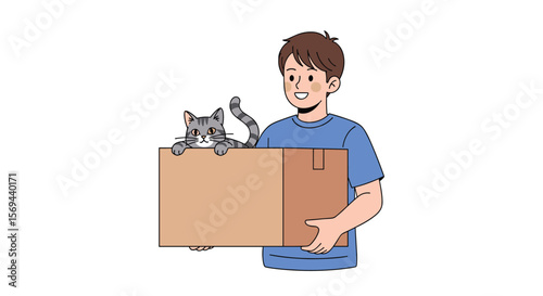 Boy holding cardboard box with curious cat peeking out engaging in playful activity