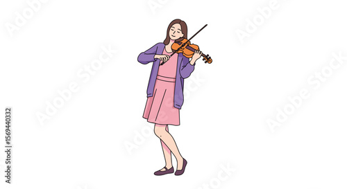 Young woman gracefully plays the beautiful violin with a smile on her face