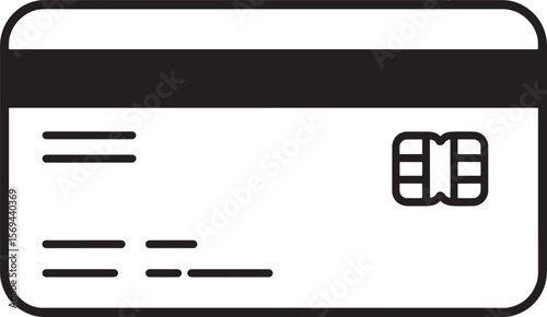Black and white credit card silhouette with chip and lines isolated on white background