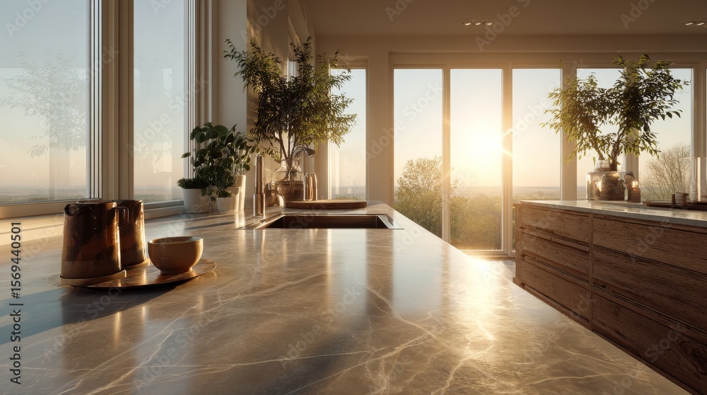 Fototapeta premium Warm golden sunlight gently hits a clean quartz kitchen counter in a minimalist modern home, highlighting smooth textures and elegant simplicity. 