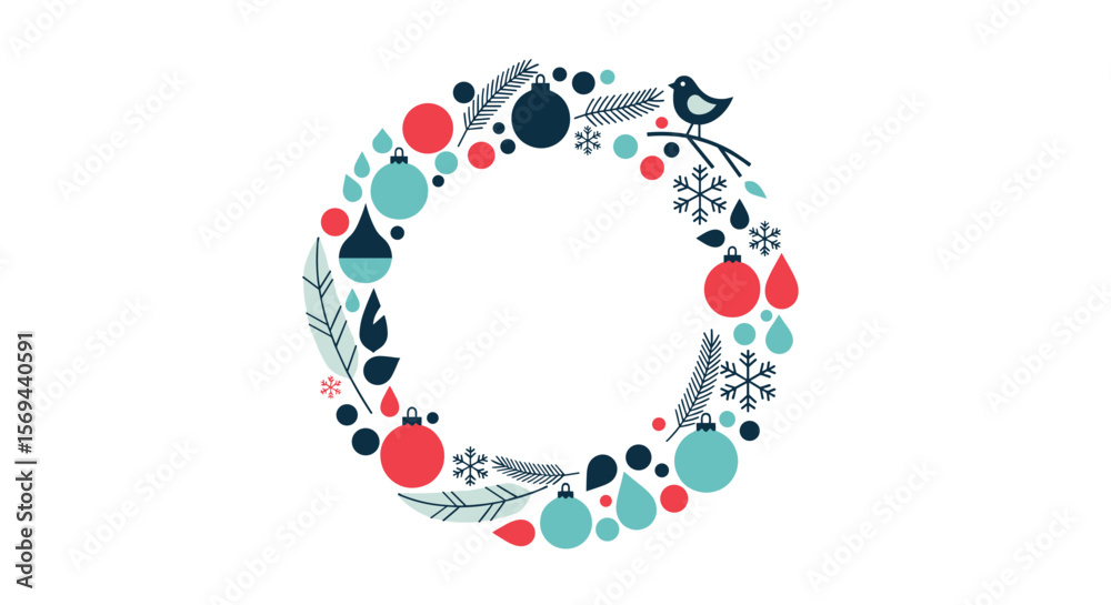 Festive decorative circle wreath illustration with ornaments flowers and leaves and a bird on top Festive decorative circle wreath illustration with ornaments flowers and leaves and a bird on top