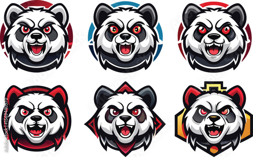 Six fierce panda mascot logos with red and blue accents and sharp teeth