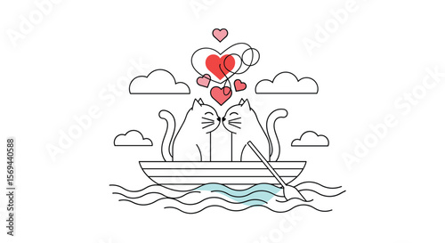 Cute couple cats enjoying romantic boat ride under love heart sky clouds
