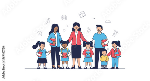 Diverse teachers and students gathering together with books for education and learning
