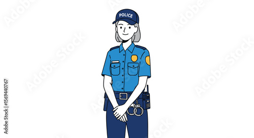 Friendly female police officer standing guard with hands clasped and duty belt