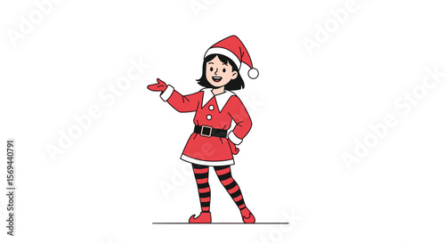 Happy girl in santa costume welcoming and celebrating christmas holidays with festive spirit