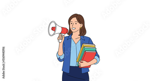 Marketing professional communicating important business information with loudspeaker and files