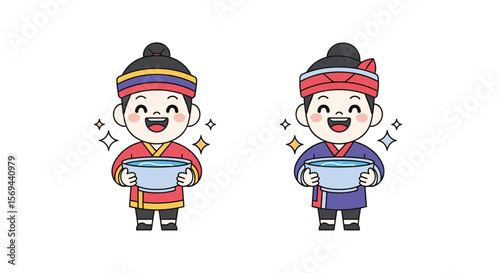 Two happy cartoon children in traditional clothing holding bowls of sparkling water