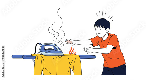 Child reaches for hot iron on ironing board causing fire hazard