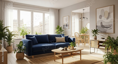 Scandinavian living room with navy accent wall and modern sofa