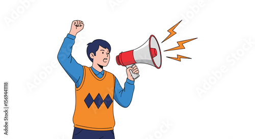 Man with megaphone announcing something loudly with lightning bolts illustrating sound waves