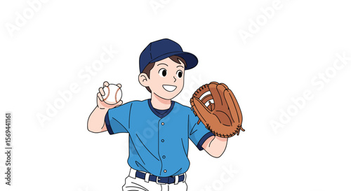 Young athlete ready for baseball game with mitt and ball in hand