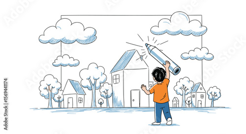 Child paints bright future with solar panels on rooftop energy innovation