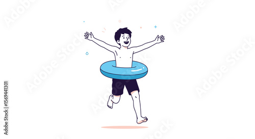 Excited young boy with blue swim ring running joyfully on a sunny summer day